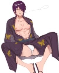 abs bare_chest blowing_smoke bulge colored_sketch fundoshi gintama hair_over_one_eye half-closed_eyes kimono looking_at_viewer male male_only not_responding open_kimono purple_hair sandals smoke solo spread_legs takasugi_shinsuke toned toned_male yukata