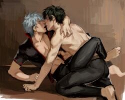 2boys angry angry_sex barefoot black_hair blush gay gintama gintoki_sakata hijikata_toshiro imminent_sex leaning_back leg_lock male male_only medya63378 open_mouth open_shirt painting_(artwork) reclining rivals scratches scratching silver_hair topless topless_male white_hair yaoi