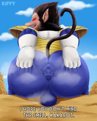 anthro anus anus_visible_through_clothes ass ass_focus backsack dragon_ball gay inviting inviting_to_sex kiffy_(artist) male_only monkey monkey_boy musk oozaru red_eyes son_goku vegeta yaoi