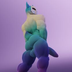 3d 3d_(artwork) anxiboi balls big_penis blue_fur claws facing_away furry furry_ears genitals hi_res male male_only mask muscular nude penis solo star_eyes tagme tail yellow_eyes zetar_(anxiboi)