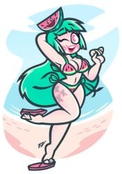 5_fingers bikini bikini_bottom bikini_top breasts cleavage commission digital_art digital_drawing_(artwork) digital_media_(artwork) eye_closed flip_flops green_hair long_hair one_eye_closed red_eyes sandals vannamelon vannamelon_(copyright) virtual_youtuber watermelon_bikini