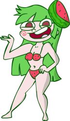 bikini bikini_bottom bikini_top cleavage female green_hair long_hair nickzdante red_eyes vannamelon vannamelon_(copyright) virtual_youtuber watermelon_bikini