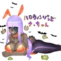 alternate_costume arm_under_breasts bangs big_breasts black_legwear blunt_bangs bunny_ears bunny_tail bunnysuit choker cleavage dark-skinned_female dark_skin facial_scar female female_only gintama glasses_removed halloween halloween_costume japanese_text lavender_hair long_hair marupo monster_girl neck_ribbon on_stomach pantyhose playboy_bunny purple_eyes purple_hair ribbon_choker sarutobi_ayame solo zombie_girl