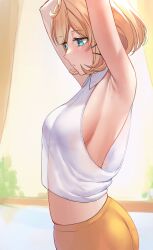 1girls armpit_fetish armpits arms_up big_breasts blonde_hair blue_eyes blush_lines dobure18 hairclip medium_breasts midriff midriff_baring_shirt millie_parfait nijisanji nijisanji_en no_bra short_hair sideboob solo solo_female solo_focus virtual_youtuber yellow_hair