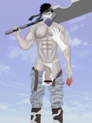 bara belt big_muscles big_penis bulge bulge_through_clothing condom condom_in_mouth fundoshi fundoshi_aside kirisword male_only momochi_zabuza naruto orochimaru pants_down pants_open pants_pull penis_grab penis_out penis_under_clothes