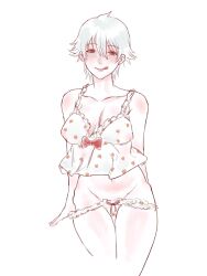 alternate_costume big_breasts blush canon_genderswap cleavage female female_only genderswap_(mtf) ginko_sakata gintama gintoki_sakata licking_lips lingerie looking_at_viewer nipple_bulge nipples_visible_through_clothing not_responding pale-skinned_female pale_skin panties panties_down panty_pull red_eyes rule_63 short_hair solo strawberry_print thigh_gap very_short_hair white_hair wide_hips