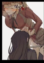 2girls black_hair blonde_hair blush commentary_request cunnilingus hand_on_another's_head highres inoue_takina lycoris_recoil lycoris_uniform multiple_girls nishikigi_chisato oral parted_lips sweat ying_(suetmo) yuri