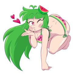 5_fingers :3 ass barefoot bikini bikini_bottom bikini_top blowing_kiss breasts cleavage davidbaronart eye_closed feet female goopbloop goopygear green_hair heart kissy_face long_hair one_eye_closed red_eyes tattoo vannamelon vannamelon_(copyright) virtual_youtuber watermelon_bikini white_background