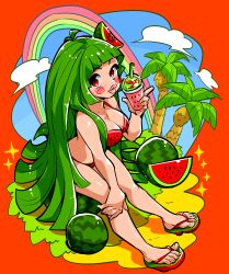 5_fingers 5_toes bikini bikini_bottom bikini_top breasts cleavage drinking_straw female flip_flops green_hair lips long_hair palm_tree palm_trees rainbow red_eyes sandals smoothie straw tree trees vannamelon vannamelon_(copyright) virtual_youtuber watermelon watermelon_bikini yumi_423