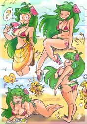 ? artist_name ass ass_cleavage beach bikini bikini_bottom bikini_top blep breasts butt_crack cleavage closed_eyes fruit green_hair heart long_hair mkmaffo sand tanline tongue tongue_out vannalemon vannamelon vannamelon_(copyright) virtual_youtuber water watermelon watermelon_bikini watermelon_slice yellow_hair youtube youtuber yuri