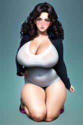 1girls ai_generated alternate_breast_size big_breasts black_hair blush female female_only long_hair looking_at_viewer nai_diffusion original solid_background solo stable_diffusion thick_thighs tight_shirt