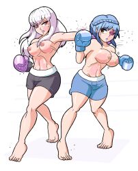 2girls alternate_version_available bangs bare_legs barefoot black_eye_(injury) blood blue_hair boxing boxing_gloves braid breasts brown_eyes bruise female female_only fight fire_emblem fire_emblem:_three_houses gloves injury large_breasts light-skinned_female light_blue_boxing_gloves light_blue_gloves light_blue_hair light_skin long_hair lysithea_von_ordelia marianne_von_edmund multiple_girls netto-painter nintendo nipples pink_eyes purple_boxing_gloves purple_gloves shorts sweat topless topless_boxing white_hair