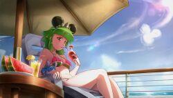 bikini bikini_bottom bikini_top blue_sky breasts chair cleavage detailed_background drink drinking_straw female glass green_hair lemon lemon_slice light262 lilo_and_stitch plate red_eyes signature sky stitch straw summer sun_umbrella swimsuit umbrella vannamelon vannamelon_(copyright) virtual_youtuber watermelon watermelon_bikini watermelon_slice