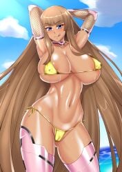 1girls 2022 :q alternate_version_available areola_slip armpits arms_up ass_visible_through_thighs bangs bare_shoulders bikini blue_eyes blue_sky blunt_bangs breasts brown_hair cameltoe cleavage cloud collarbone covered_nipples cowboy_shot day fishnets gold_bikini groin highres koukawa_asuka large_breasts lc_7v2 long_hair looking_at_viewer mechanical_arms mechanical_legs navel ocean outdoors side-tie_bikini_bottom sidelocks sky smile solo standing stomach sweat swimsuit taimanin_(series) tan tan_body tan_skin tanned tanned_skin tongue tongue_out very_long_hair