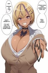 ! 13 1girls ? asking asking_a_question bakunyuu birthmark black_bra black_choker black_nail_polish black_nails black_neckwear black_shirt blank_background blonde_eyebrows blonde_female blonde_hair blonde_hair_female blush blushing_at_viewer bow bra_removed bra_strap breasts brown_cardigan brown_fingernails brown_nail_polish brown_nails bursting_breasts button_gap buttoned_shirt cardigan choker cleavage clenched_teeth dark-skinned_female dark_skin dialogue earrings english english_language english_text eye_contact eyebrows_visible_through_hair female female_focus fingernail_polish fingernails ganguro glossy_lips gyaru hair_behind_ear hair_ornament hairclip hard_translated hi_res high_resolution highres huge_breasts huge_cleavage jewelry kloah kogal kuro_gyaru lip_gloss lipgloss lips looking_at_viewer mole mole_on_breast multicolored multicolored_hair nail_polish neckwear open_mouth original original_character outstretched_arms plain_background pov purple_eyes purple_eyes_female purple_hair purple_hair_female purple_streak ribbon seductive seductive_eyes seductive_look seductive_smile shinokami_xatiii_(kloah) shiny_breasts shiny_lips shiny_skin shirt short_hair short_hair_female simple_background skull skull_earrings skull_head smile smiling_at_viewer solid_color_background solo solo_female speech_bubble speech_bubbles straining_buttons streaked_hair talking talking_to_viewer tan tanned tanned_female tanned_girl tanned_skin text top_heavy_breasts translated two_tone_hair up_close upper_body voluptuous voluptuous_female white_background white_shirt