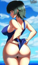 1girls adjusting_clothes ass ass_focus big_ass big_breasts blue_swimsuit breasts chainsaw_man dark_green_hair dat_ass female female_only green_eyes green_hair hair himeno_(chainsaw_man) hips huge_ass one-piece_swimsuit short_hair smile sol-sama_d2 solo solo_female swimsuit swimwear thick_thighs thighs