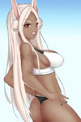 1girls ass big_breasts black_nail_polish black_nails bottomwear breasts dark-skinned_female dark_skin female female_only gym_clothes hair iseiryu_ long_hair miruko my_hero_academia nail_polish nails red_eyes rumi_usagiyama solo solo_female sweat sweatdrop thong topwear white_hair white_thong white_topwear