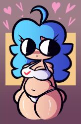 big_eyes blue_hair bra female friday_night_funkin hearts_around_head kinda_wholesome la_creatura looking_at_something panties ski_(friday_night_funkin) sky_(friday_night_funkin) slightly_chubby slightly_thicc small_breasts underwear