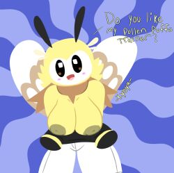 antennae_(anatomy) anthro arthropod bee big_breasts black_eyes blonde_hair blush bottomwear breasts clothing clothing_pull female fur generation_7_pokemon hair hymenopteran insects inverted_nipples kyoyasanda looking_at_viewer mivi_(kyoyasanda) nintendo nipples pants pokemon pokemon_(species) presenting ribombee scarf shirt shirt_pull smile solo tagme topwear topwear_pull video_games white_bottomwear white_clothing white_pants wide_hips wings yellow_body yellow_fur