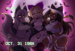 3girls after_transformation anthro bat bite_mark black_hair blonde_hair blood costume dated fangs female female_only grey_fur grey_hair halloween implied_transformation leggings moon mummy post-transformation red_eyes vampire wolf_ears wolf_tail