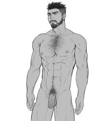 abs chest_hair dark-skinned_male dark_skin facial_hair flaccid flaccid_penis foreskin gabriel_reyes male_only male_pubic_hair mexican_male monochrome muscles nude overwatch overwatch_2 partially_retracted_foreskin pecs reaper shourai_kun sketch uncut