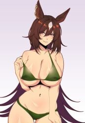 1girls 2022 absurdres alternate_costume animal_ears bikini breasts cero_rains cleavage ear_ornament green_bikini hair_between_eyes hand_on_hip highres horse_ears huge_breasts large_breasts long_hair looking_at_viewer multicolored_hair navel red_eyes simple_background sirius_symboli_(umamusume) solo strap_slip streaked_hair swimsuit thick_thighs thigh_gap thighs umamusume very_long_hair white_background