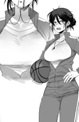 basketball basketball_uniform big_breasts black_hair blowing_whistle coach female female_focus female_only gym_clothes gym_uniform hair_bun hand_on_hip hi_res high_resolution highres holding_basketball holding_object mole mole_under_mouth ratatatat74 solo solo_female solo_focus track_suit unzipped_jacket whistle whistle_around_neck white_background