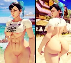 3d ass beach big_breasts bottomless breasts brown_hair bubble_butt busty capcom chun-li crop_top cute female female_focus female_only front_view functionally_nude hourglass_figure huge_ass rear_view repinscourge standing street_fighter street_fighter_v underboob wide_hips