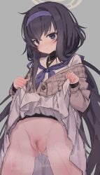 black_eyes black_hair blue_archive blush hair_ornament hairband halo lifting_skirt long_hair looking_at_viewer necklace pubic_hair pussy pussy_juice pussy_juice_drip ruriri shy skirt_lift sweater tagme trinity_general_school_student ui_(blue_archive)