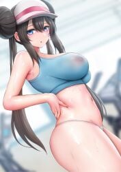 1girls ass blue_eyes breasts brown_hair female game_freak ginhaha gym hat hips indoors large_breasts light-skinned_female light_skin long_hair nintendo nipples nipples_visible_through_clothing panties pokemon pokemon_bw2 rosa_(pokemon) see-through see-through_clothing slim_waist sports_bra sportswear sweat sweaty_body thighs twin_buns twintails