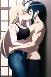 ahoge ai_generated akamatsu_kaede bad_anatomy bad_hands big_breasts blonde_hair blue_hair danganronpa danganronpa_v3 denim holding_each_other jeans kissing long_hair midriff muscular_male nai_diffusion saihara_shuuichi short_hair sports_bra stable_diffusion topless_male