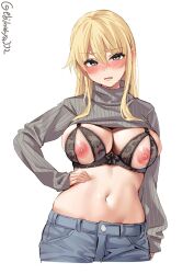 aqua_eyes bismarck_(kantai_collection) blonde_hair blush bra breasts cleavage clothes_lift cowboy_shot denim ebifurya embarrassed female hair_between_eyes hand_on_hip highres jeans kantai_collection large_breasts long_hair long_sleeves looking_at_viewer midriff navel nipples one-hour_drawing_challenge open_mouth pants ribbed_sweater stomach sweat sweater sweater_lift turtleneck turtleneck_sweater twitter_username underwear wavy_mouth white_background