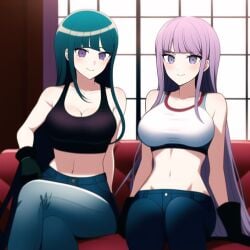 2girls ai_generated bare_shoulders big_breasts blue_hair couch crossed_legs danganronpa danganronpa:_trigger_happy_havoc denim female female_only gloves jeans kirigiri_kyouko long_hair maizono_sayaka midriff multiple_girls nai_diffusion purple_hair sitting smile sports_bra stable_diffusion very_long_hair