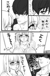 1boy 1girls big_breasts blush cleavage comic crack_pairing female gintama glasses hijikata_toshiro huge_breasts japanese_text long_hair looking_at_another looking_at_viewer male male_pov marupo mole_under_eye monochrome nervous pov sarutobi_ayame sweatdrop