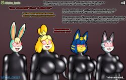 al_gx animal_crossing ankha ankha_(animal_crossing) anthro big_breasts bodysuit breasts canid canine canis clothed clothing comic domestic_cat domestic_dog drone english_text felid feline felis female fur girly green_body grey_body group hi_res hypnosis isabelle_(animal_crossing) lagomorph latex latex_suit leporid lolly_(animal_crossing) male mammal mind_control nintendo page_4 png rabbit rubber rubber_clothing rubber_suit sasha_(animal_crossing) shih_tzu simple_background spiral spiral_eyes tech_control text to_be_continued toy_dog video_games yellow_body yellow_fur