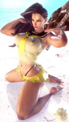 1girls 3d areolae athletic athletic_female big_breasts black_hair brazilian brazilian_female breasts brown_eyes busty capcom earrings ecchi_fighties female female_focus female_only hourglass_figure laura_matsuda long_hair navel nipples pinup pinup_pose street_fighter tagme wide_hips