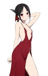 1girls accidental_exposure accurate_art_style areolae arms_up barefoot black_hair blush breasts coro_fae dress embarrassed exposed_breasts exposed_nipples female female_only hair_ribbon hand_on_head highres kaguya-sama_wa_kokurasetai_~tensai-tachi_no_renai_zunousen~ light-skinned_female looking_at_viewer loose_clothes nipple_slip nipples no_bra no_panties official_style one_breast_out red_dress red_eyes shinomiya_kaguya short_hair small_breasts solo standing thighs tied_hair unaware white_background