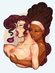 2girls ahe_gao brown_hair calliope_(hercules) cinnabarbie collarbone dark-skinned_female dark_skin disney drool drooling eyeliner eyeshadow female female_only fondling_breast grabbing_from_behind groping_breasts groping_from_behind hair_up hairband heart heart_speech_bubble heavy_breasts hercules_(disney) holding_breast large_breasts licking licking_neck light-skinned_female light_skin lipstick long_hair looking_pleasured megara multiple_girls naked naked_female nipples ponytail puffy_areola puffy_nipples purple_eyeshadow purple_lipstick purple_nail_polish purple_nails spoken_heart the_muses tongue_out topless upper_body upper_body_focus upper_teeth white_background yuri