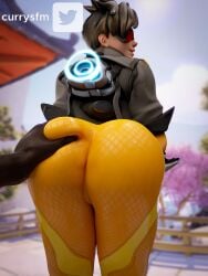 1boy 1girls 3d 3d_(artwork) ass ass_grab back_view brown-tinted_eyewear currysfm dark-skinned_male duo grabbing grabbing_ass groping groping_ass huge_ass interracial large_ass leggings orange-tinted_eyewear overwatch rear_view tinted_eyewear tracer visor