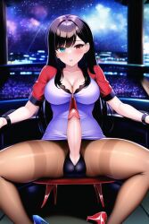 ai_generated background black_hair black_legwear blue_eyes blush emzie01 erection funemily1 futanari heels heterochromia nai_diffusion original pantyhose red_eyes sitting stable_diffusion