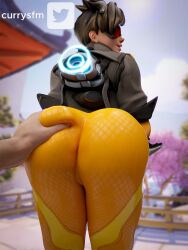 1boy 1girls 3d ass ass_grab brown-tinted_eyewear currysfm female fully_clothed grabbing grabbing_ass groping groping_ass leggings orange-tinted_eyewear overwatch tinted_eyewear tracer visor