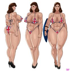 abs ass biceps big_ass bikini breasts captain_america_(series) captain_carter cyberboi flag flag_bikini flag_print high_heels large_breasts marvel marvel_cinematic_universe marvel_comics muscular muscular_female peggy_carter shield string_bikini sweat sweatdrop sweaty thick_thighs thighs union_jack union_jack_bikini venus_body wide_hips