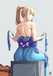 ass ass_focus automatic_giraffe back back_muscles back_view blonde_hair bodysuit female fit_female from_behind jumpsuit long_hair looking_back metroid muscular muscular_female ponytail red_eyes samus_aran thick_ass toned_female undressing unzipped_bodysuit unzipped_zero_suit zero_suit zero_suit_samus