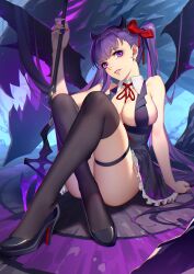 1girls ass bangs bb_(fate) bb_(fate/extra) big_breasts black_footwear black_skirt black_socks black_thighhighs bow breasts crossed_legs daye_bie_qia_lian demon_girl demon_horns demon_wings detached_collar dress earrings fate/grand_order fate_(series) female female_focus female_only hairbow hi_res high_heels high_resolution highres holding holding_weapon horns jewelry large_breasts light-skinned_female light_skin long_hair looking_at_viewer no_bra only_female pale-skinned_female parted_lips pleated_skirt polearm pumps purple_dress purple_eyes purple_hair red_bow sitting skirt smile smiling smiling_at_viewer socks solo solo_female solo_focus spear star_(symbol) star_earrings teeth thick_thighs thigh_socks thighhighs thighs trident twintails very_long_hair vest weapon wings