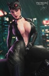 1girls 3d alenabyss batman:_arkham_knight batman_(series) belly belly_button bodysuit catwoman catwoman_(arkham) catwoman_(arkham_knight) choker cleavage dc dc_comics detailed_background fake_animal_ears female female_human female_only glasses glasses_on_head looking_at_viewer netherrealm_studios outdoors rooftop selina_kyle solo solo_female unzipped