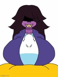 1boy 1girls animated beat_banger bouncing_breasts breasts brown_hair clothed clothed_female_nude_male clothing deltarune female grin huge_breasts huge_cock jacket kris_(deltarune) long_hair male male/female male_pov mod nude_male paizuri paizuri_under_clothes penis pov purple_skin reskin sharp_teeth shirt simple_background smile susie_(deltarune) susielover12_(artist) titfuck toriel_beat_banger white_background wip yellow_body