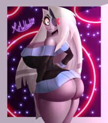 1girls ass ass_bigger_than_head bare_ass bare_legs big_ass big_breasts bottomless breasts bubble_ass bubble_butt busty clothing dark-skinned_female dark_skin demon demoness eye_patch female female_only grey_skin hand_on_hip hazbin_hotel hourglass_figure huge_ass huge_breasts large_ass large_breasts looking_at_viewer looking_back moth moth_girl mrmelted no_pants outfit sideboob solo thick_legs thick_thighs thong vaggie_(hazbin_hotel) vivienne_medrano voluptuous white_hair wide_hips