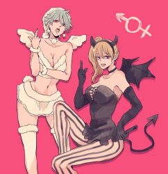 2girls 8cco alternate_costume angel angel_and_devil angel_wings big_breasts black_gloves brown_hair canon_genderswap choker cleavage costume demon_girl demon_tail demon_wings earrings elbow_gloves fake_horns fake_tail fangs female female_only genderswap_(mtf) ginko_sakata gintama gintoki_sakata gloves grey_hair horns light_brown_hair long_hair looking_at_viewer middle_finger okita_sougo okita_souko open_mouth pink_background pom_poms ponytail red_eyes rule_63 short_hair side_ponytail striped_legwear thighhighs very_short_hair white_legwear white_thighhighs