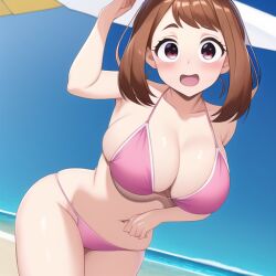 1girls ai_generated beach belly_button big_breasts bikini bikini_bottom bikini_top blush brown_eyebrows brown_hair ear female female_focus female_only girl huge_breasts looking_at_viewer my_hero_academia nai_diffusion ocean ochako_uraraka open_mouth outside pink_bikini pink_bikini_bottom pink_bikini_top pink_eyes pink_swimsuit pink_swimwear sand short_hair smile smiling stable_diffusion swimsuit tongue water