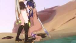 1boy 1girls 3d 3d_(artwork) aether_(genshin_impact) animated blowjob blue_hair candace_(genshin_impact) dark_skin desert fellatio female genshin_impact gold_hair high_heels horizontalslope long_hair male mihoyo mp4 naked nude oral sex short_hair sound straight taller_girl tan-skinned_female twintails video